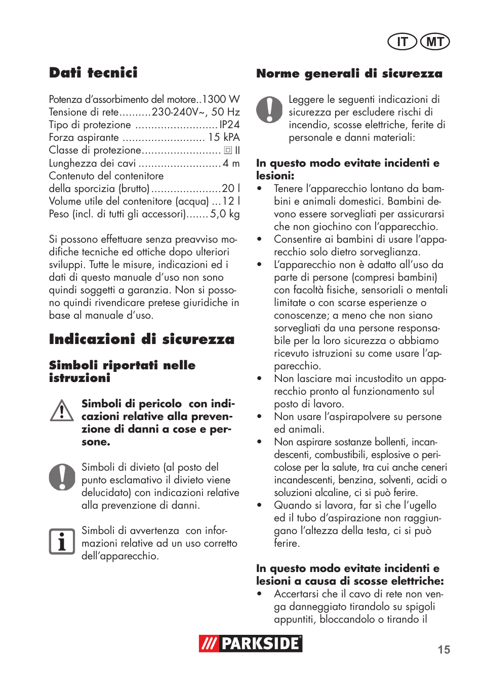 Dati tecnici, Indicazioni di sicurezza, It mt | Parkside PNTS 1300 B2 User Manual | Page 15 / 52