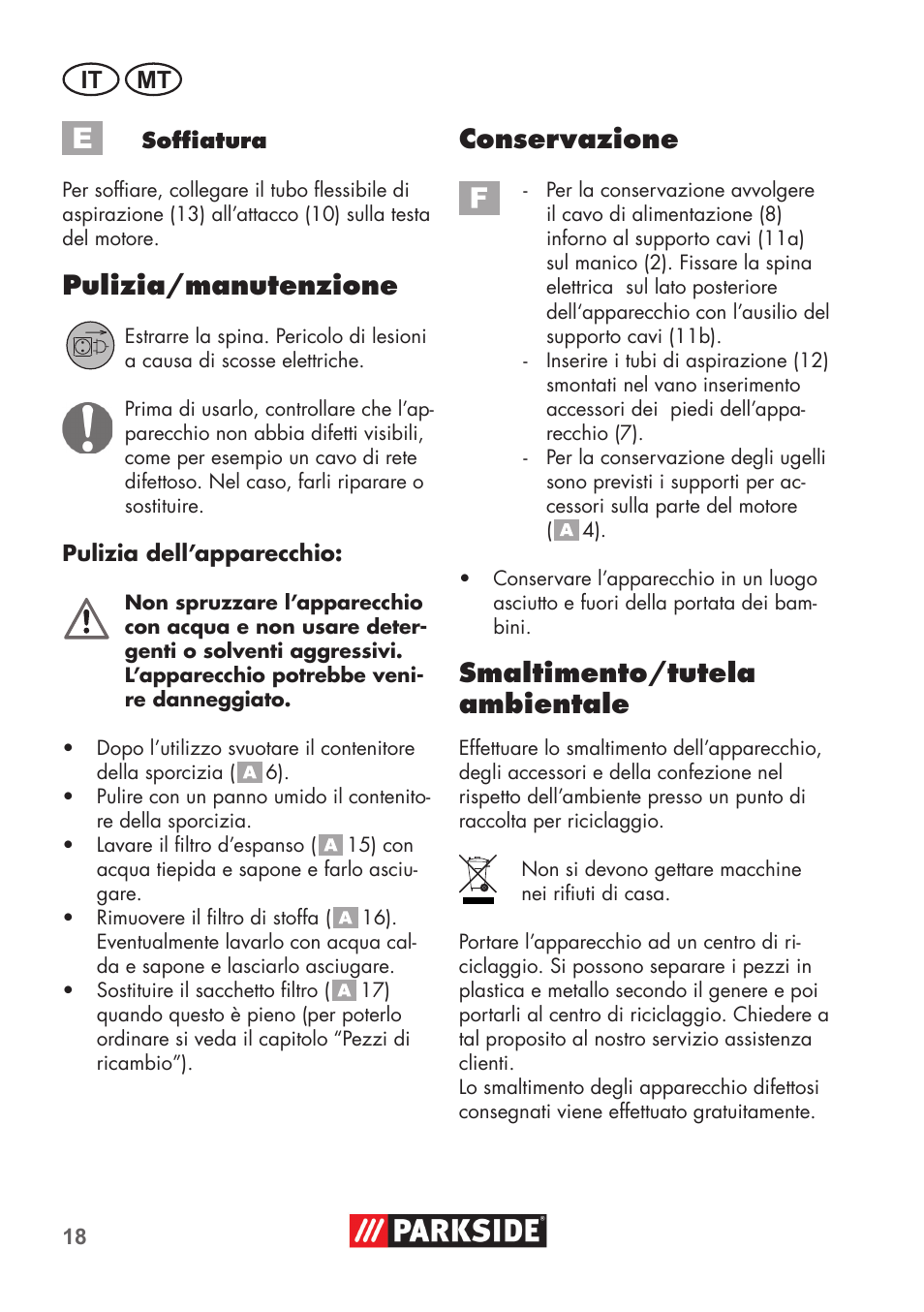 Pulizia/manutenzione, Conservazione, Smaltimento/tutela ambientale | It mt | Parkside PNTS 1300 B2 User Manual | Page 18 / 52