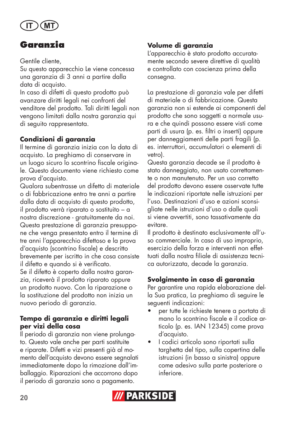 Garanzia, It mt | Parkside PNTS 1300 B2 User Manual | Page 20 / 52