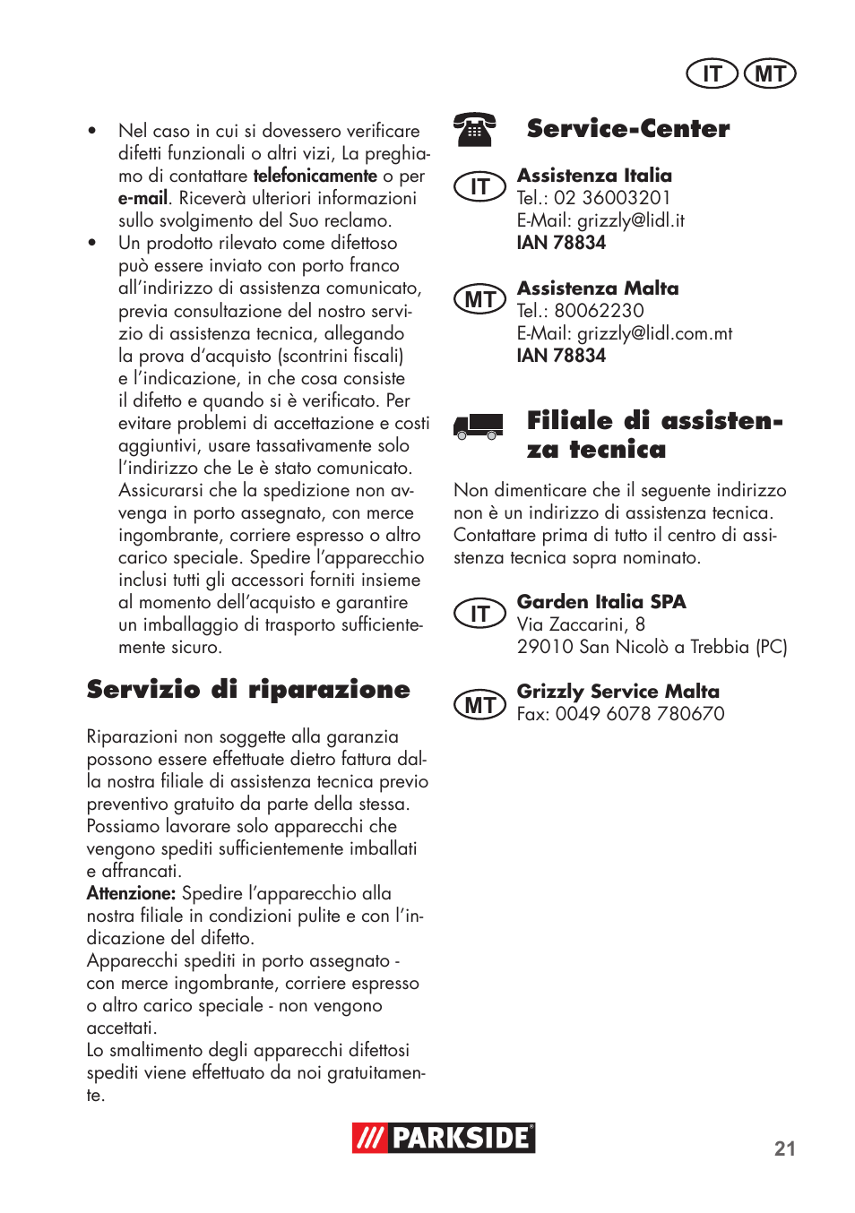 Servizio di riparazione, Service-center, Filiale di assisten- za tecnica | Parkside PNTS 1300 B2 User Manual | Page 21 / 52