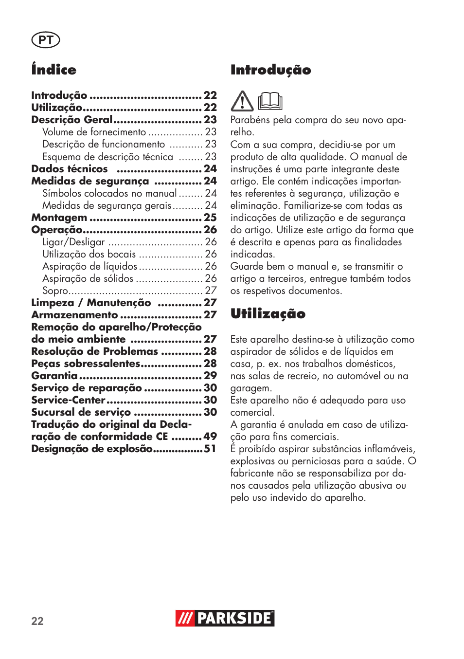 Índice, Introdução, Utilização | Parkside PNTS 1300 B2 User Manual | Page 22 / 52
