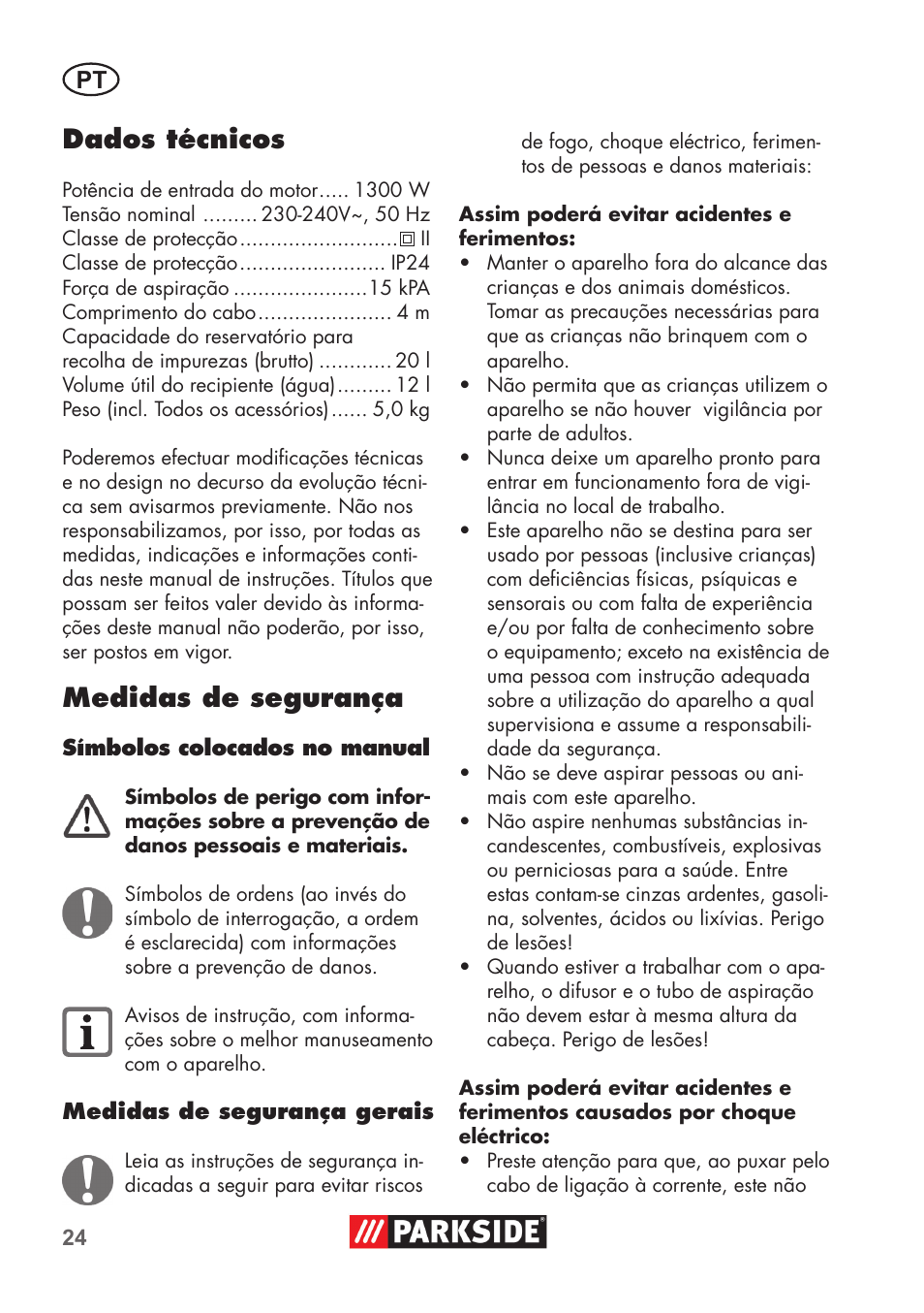 Dados técnicos, Medidas de segurança | Parkside PNTS 1300 B2 User Manual | Page 24 / 52