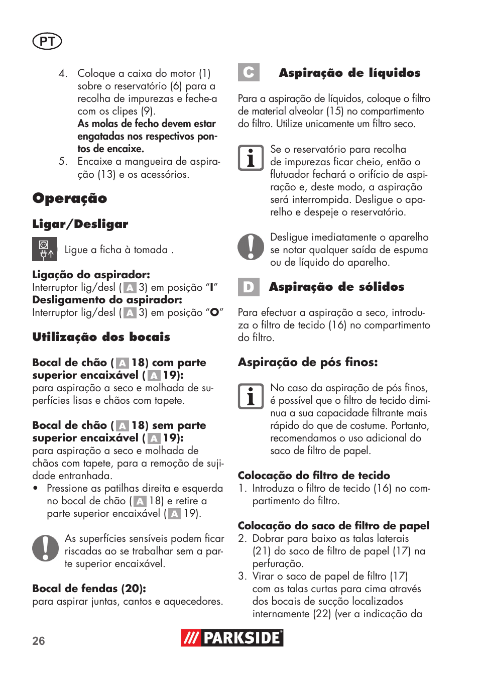 Operação | Parkside PNTS 1300 B2 User Manual | Page 26 / 52