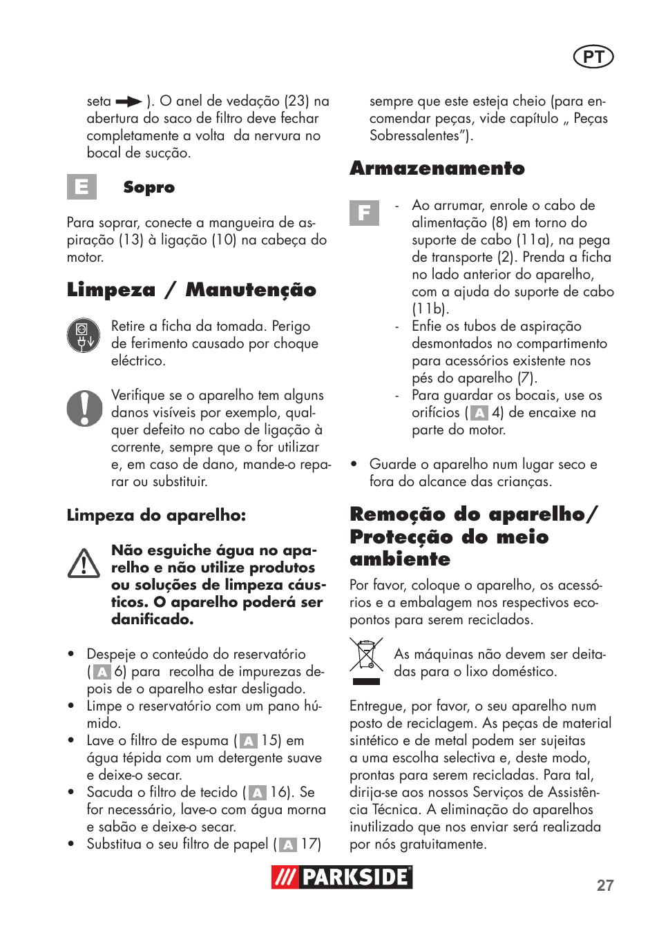 Limpeza / manutenção, Armazenamento, Remoção do aparelho/ protecção do meio ambiente | Parkside PNTS 1300 B2 User Manual | Page 27 / 52