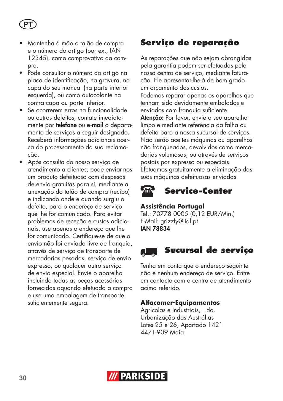 Serviço de reparação, Service-center, Sucursal de serviço | Parkside PNTS 1300 B2 User Manual | Page 30 / 52