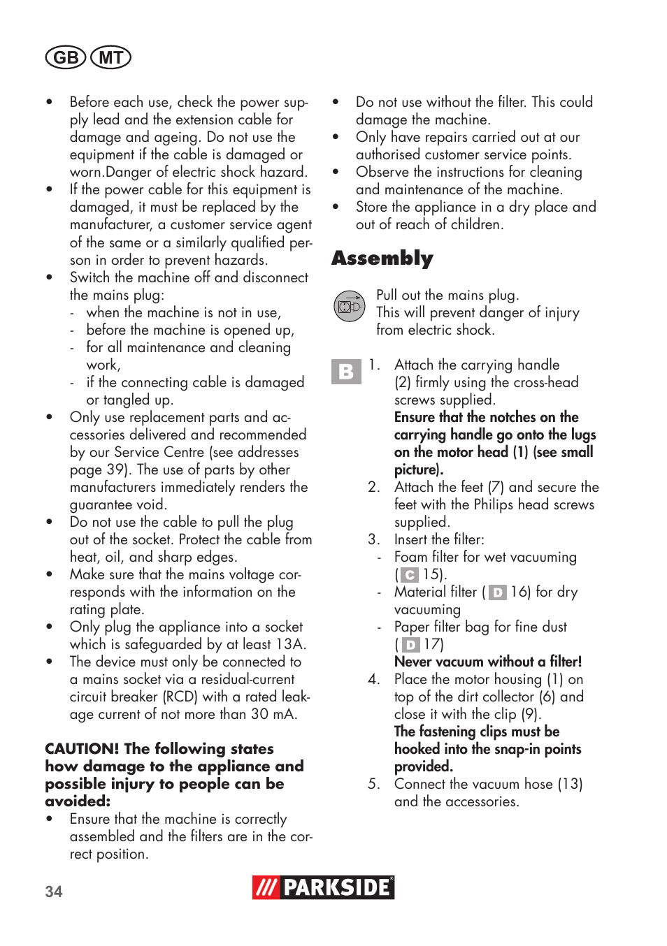 Assembly, Gb mt | Parkside PNTS 1300 B2 User Manual | Page 34 / 52