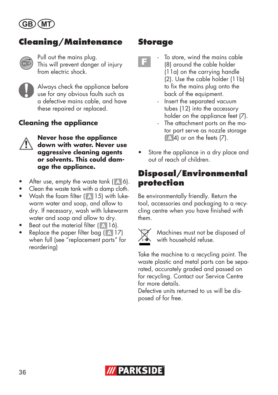 Cleaning/maintenance, Storage, Disposal/environmental protection | Parkside PNTS 1300 B2 User Manual | Page 36 / 52