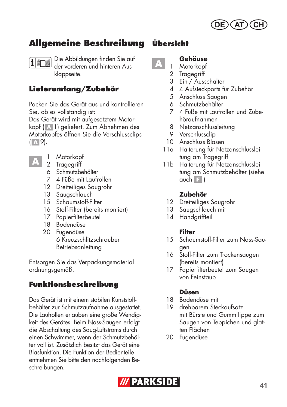 Allgemeine beschreibung, De at ch | Parkside PNTS 1300 B2 User Manual | Page 41 / 52