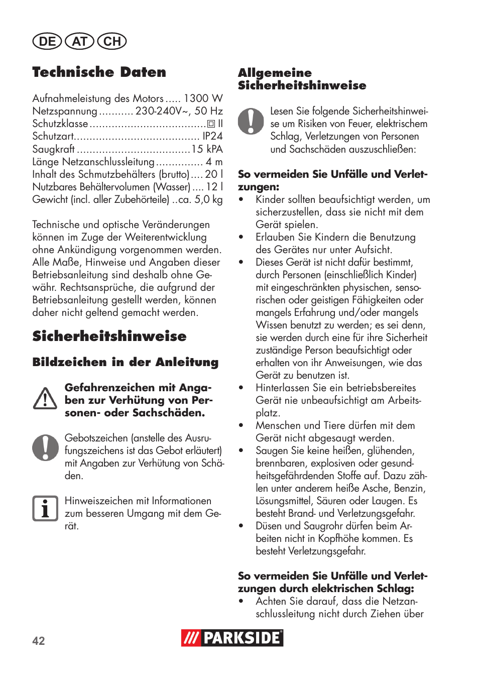 Technische daten, Sicherheitshinweise, De at ch | Parkside PNTS 1300 B2 User Manual | Page 42 / 52