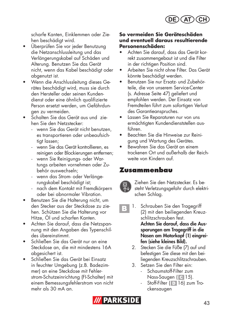 Zusammenbau, De at ch | Parkside PNTS 1300 B2 User Manual | Page 43 / 52