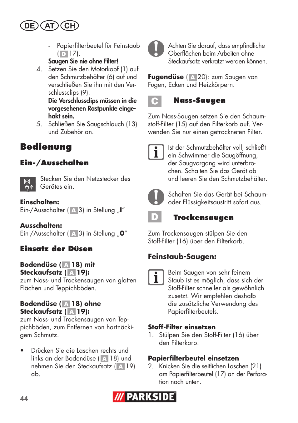 Bedienung, De at ch | Parkside PNTS 1300 B2 User Manual | Page 44 / 52