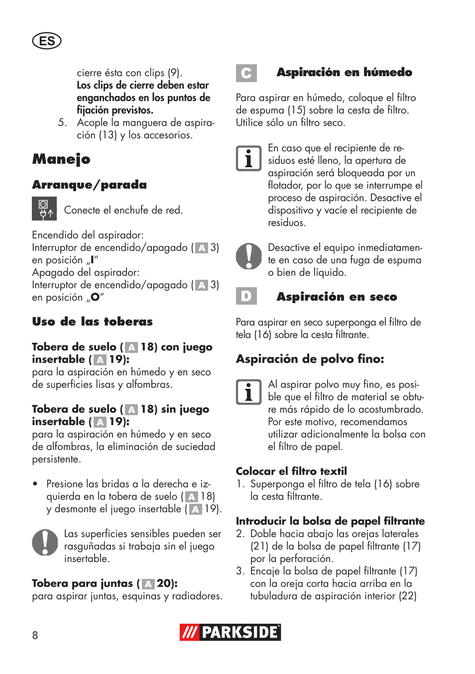 Manejo | Parkside PNTS 1300 B2 User Manual | Page 8 / 52