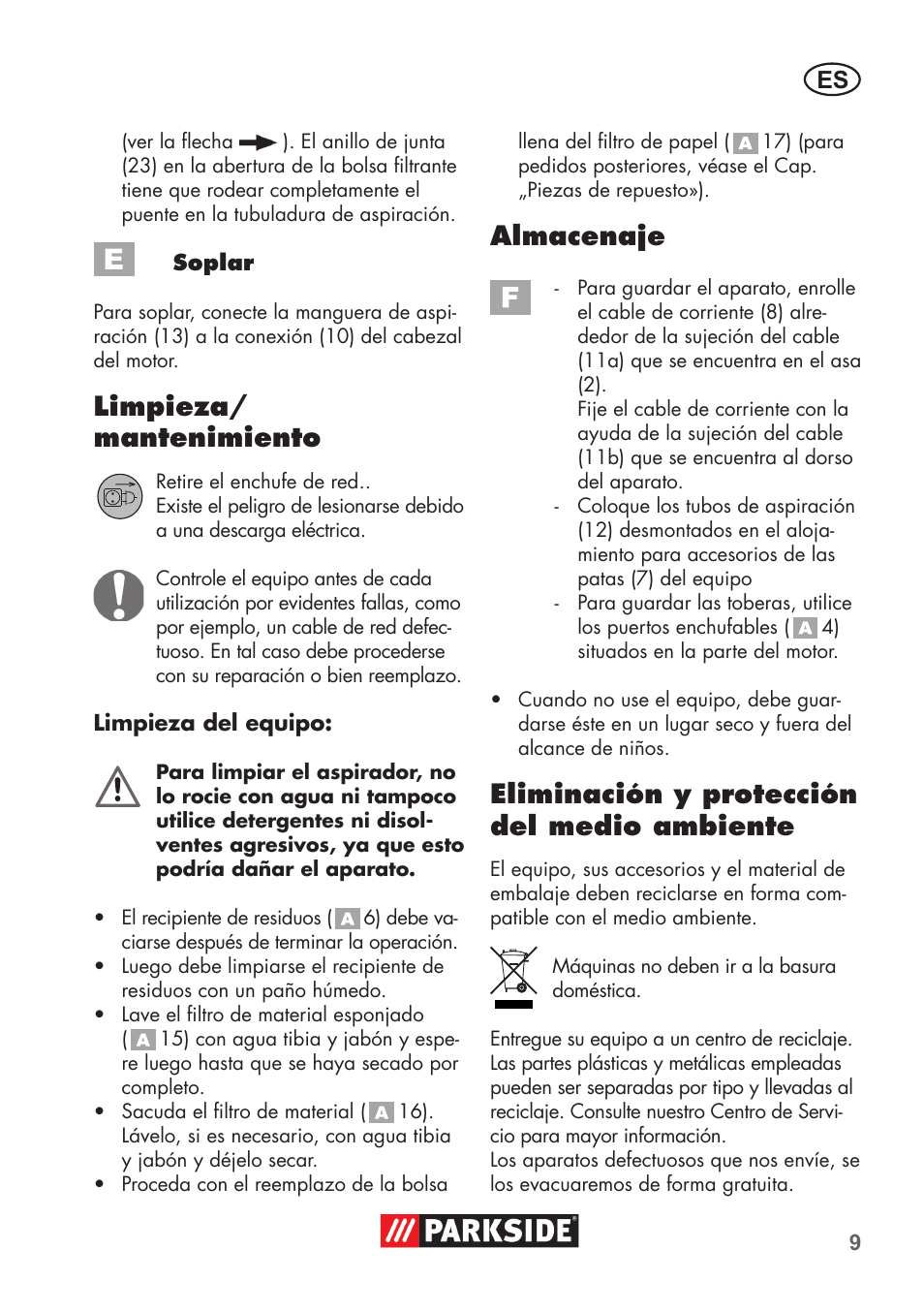 Limpieza/ mantenimiento, Almacenaje, Eliminación y protección del medio ambiente | Parkside PNTS 1300 B2 User Manual | Page 9 / 52
