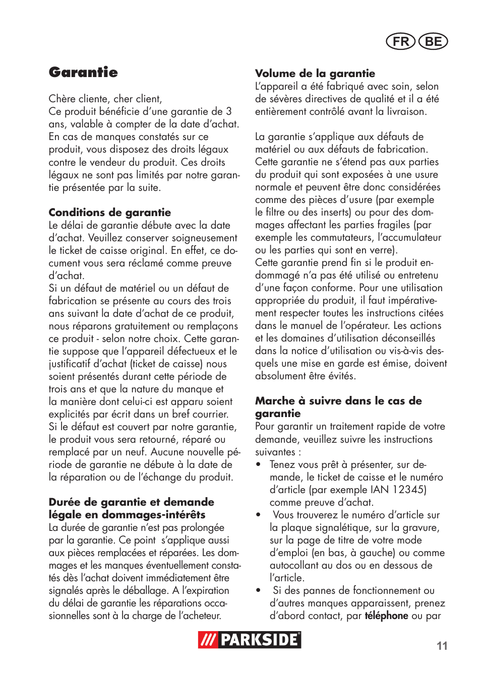 Garantie, Fr be | Parkside PNTS 1300 B2 User Manual | Page 11 / 44