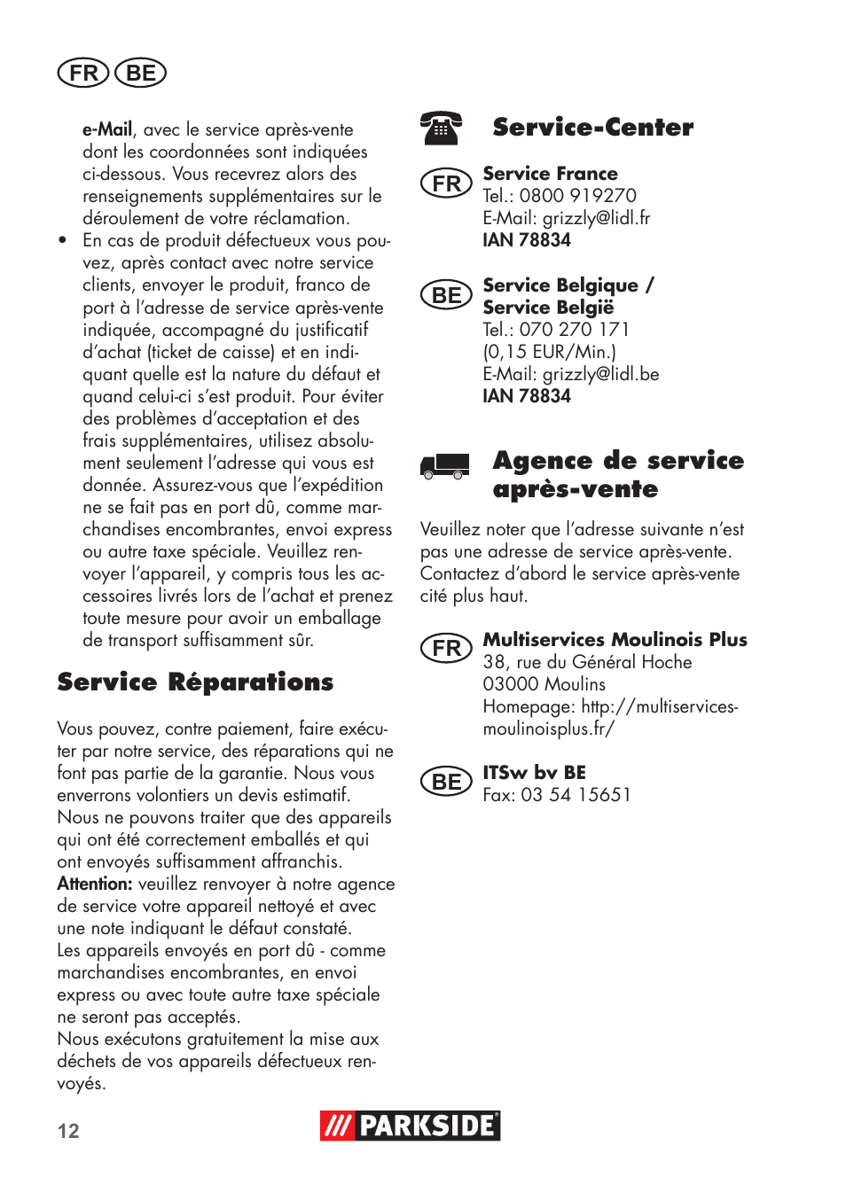 Service réparations, Service-center, Agence de service après-vente | Parkside PNTS 1300 B2 User Manual | Page 12 / 44