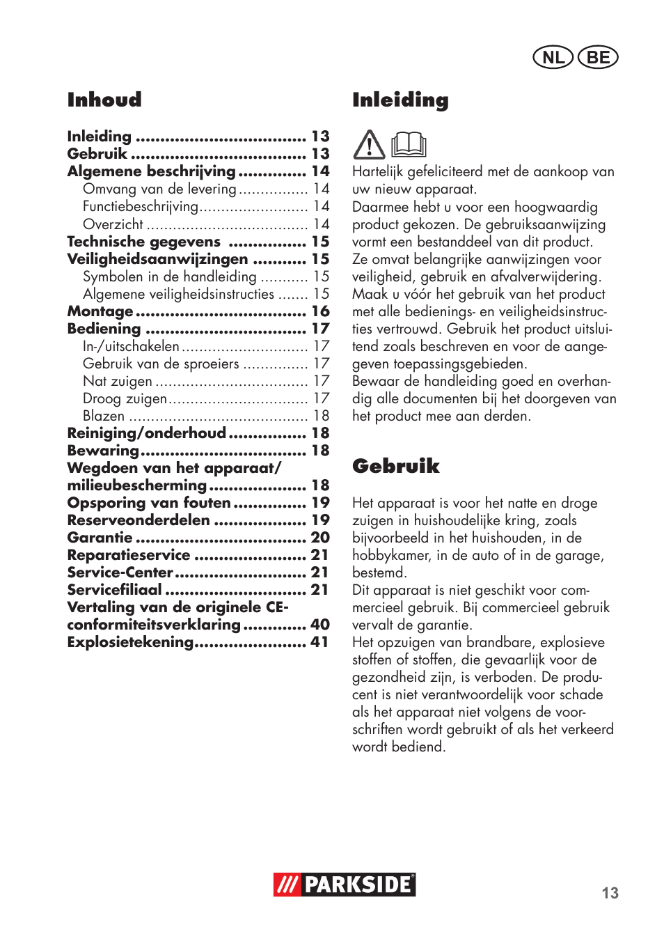 Inhoud, Inleiding, Gebruik | Be nl | Parkside PNTS 1300 B2 User Manual | Page 13 / 44