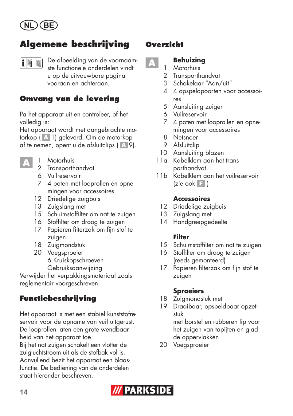 Algemene beschrijving, Nl be | Parkside PNTS 1300 B2 User Manual | Page 14 / 44