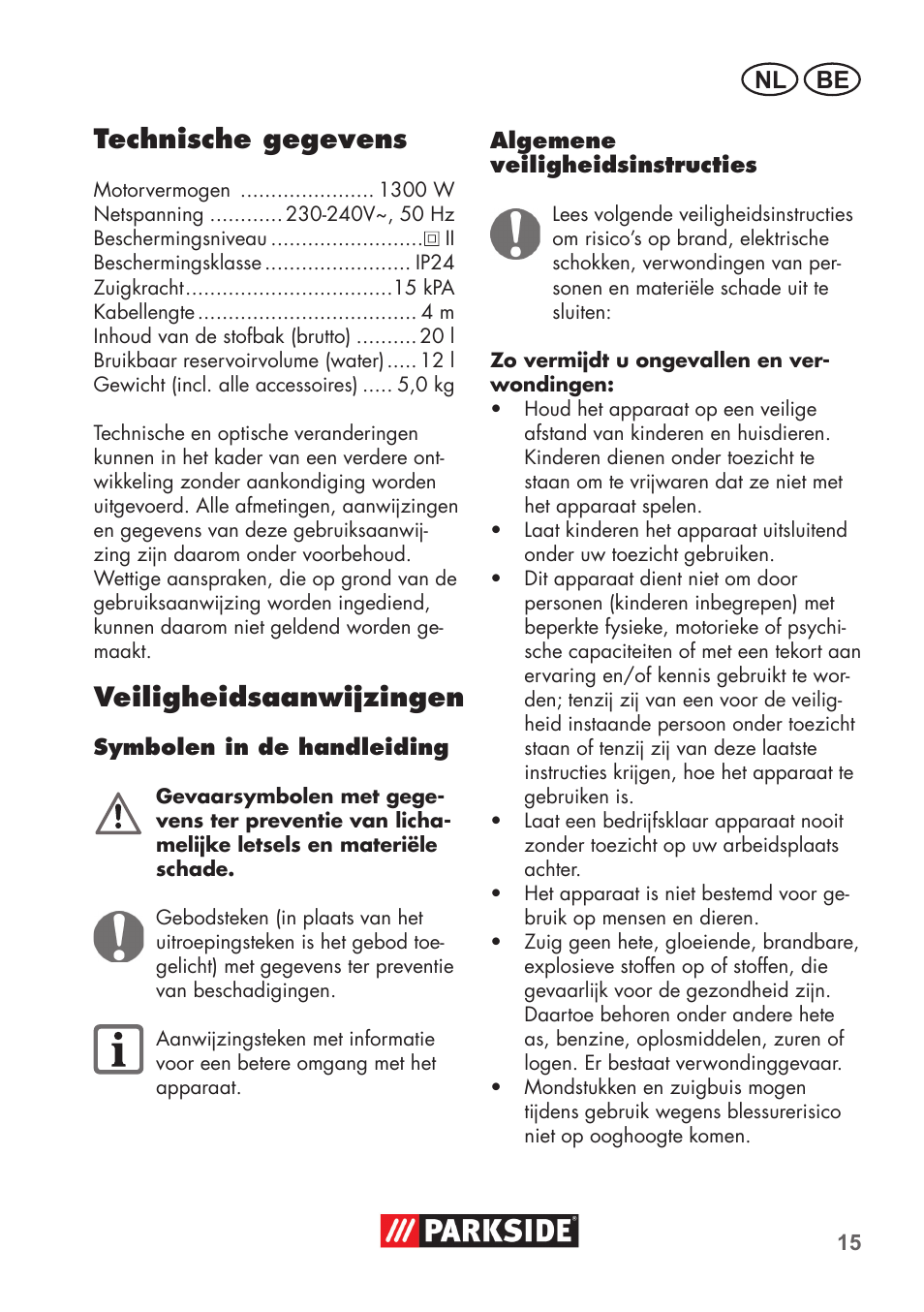 Technische gegevens, Veiligheidsaanwijzingen, Be nl | Parkside PNTS 1300 B2 User Manual | Page 15 / 44