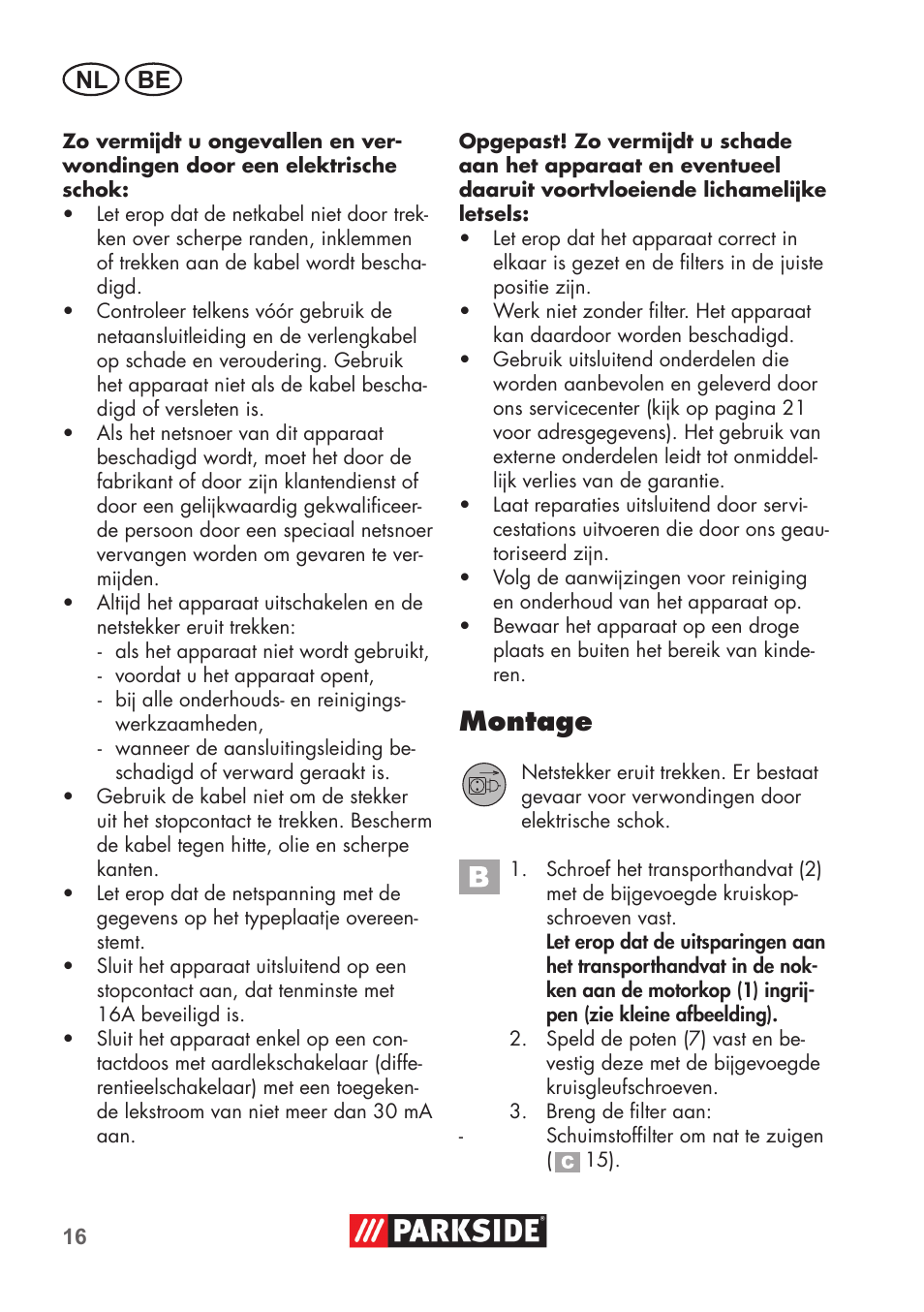 Montage, Nl be | Parkside PNTS 1300 B2 User Manual | Page 16 / 44