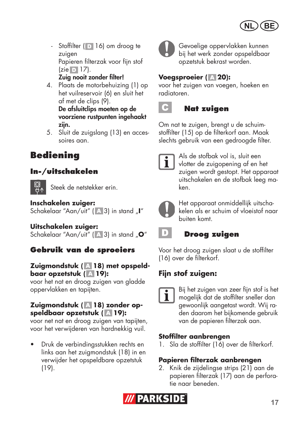 Bediening, Be nl | Parkside PNTS 1300 B2 User Manual | Page 17 / 44