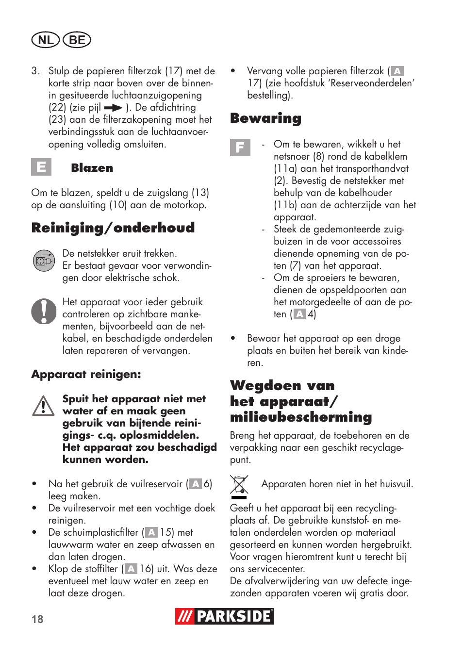 Reiniging/onderhoud, Bewaring, Wegdoen van het apparaat/ milieubescherming | Nl be | Parkside PNTS 1300 B2 User Manual | Page 18 / 44