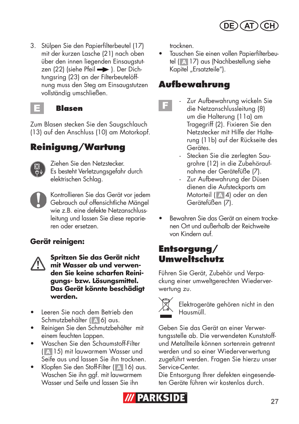 Reinigung/wartung, Aufbewahrung, Entsorgung/ umweltschutz | De at ch | Parkside PNTS 1300 B2 User Manual | Page 27 / 44