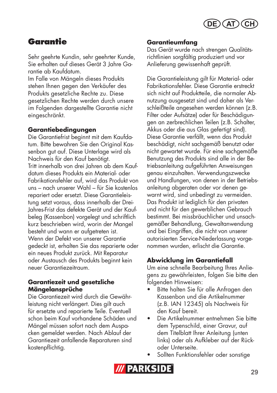 Garantie, De at ch | Parkside PNTS 1300 B2 User Manual | Page 29 / 44