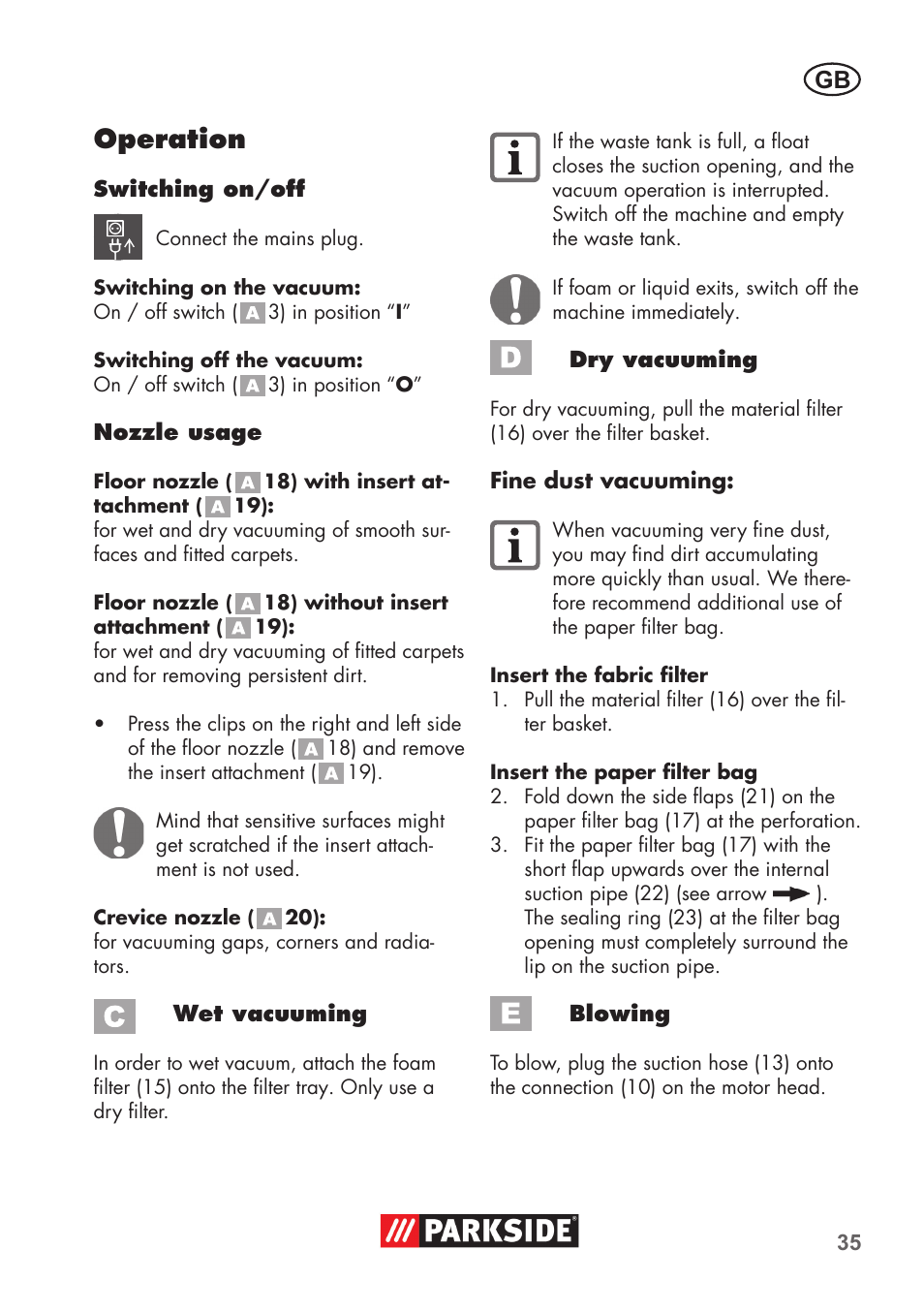 Operation | Parkside PNTS 1300 B2 User Manual | Page 35 / 44