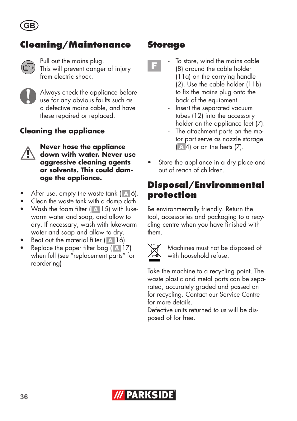 Cleaning/maintenance, Storage, Disposal/environmental protection | Parkside PNTS 1300 B2 User Manual | Page 36 / 44