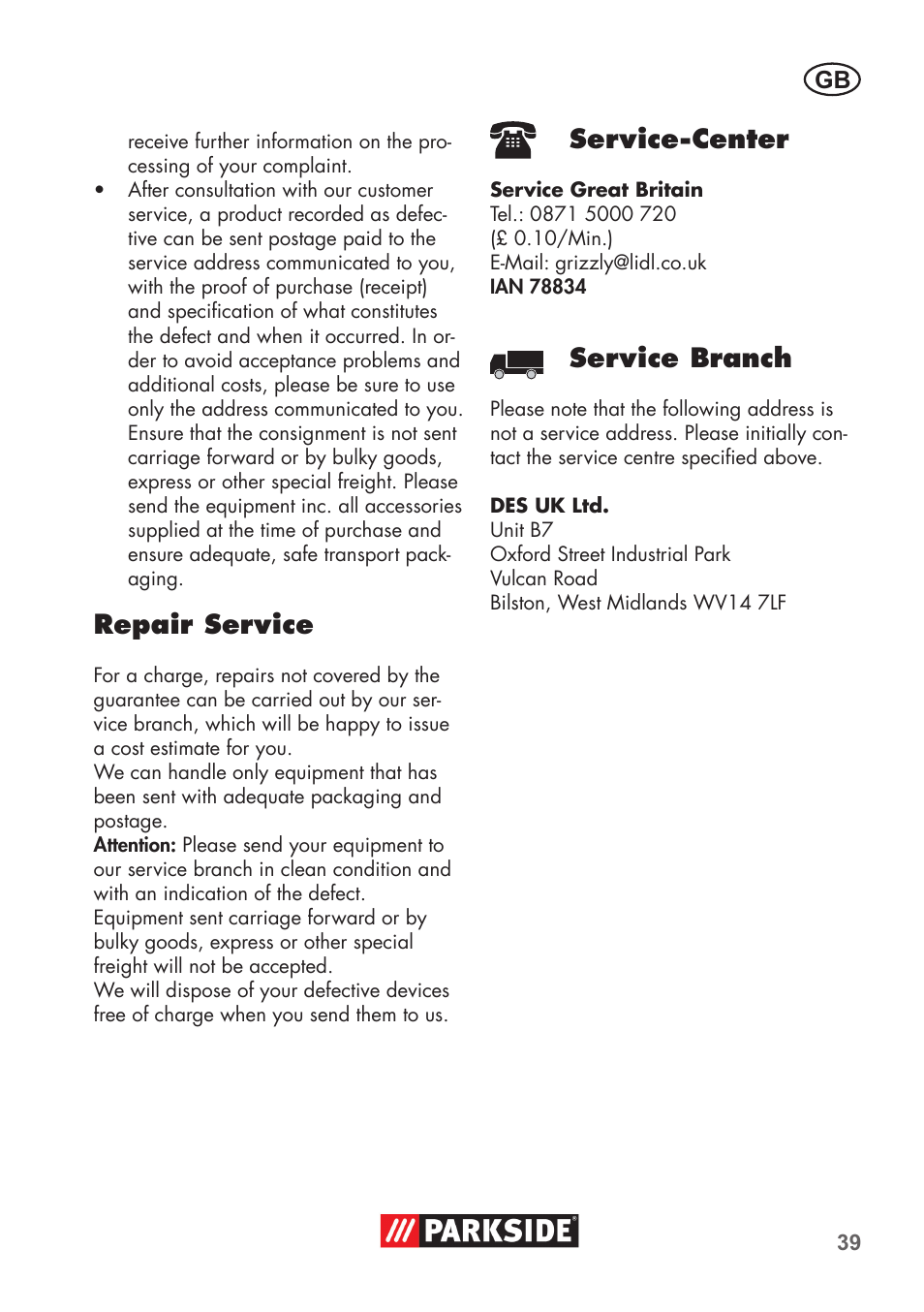 Repair service, Service-center, Service branch | Parkside PNTS 1300 B2 User Manual | Page 39 / 44