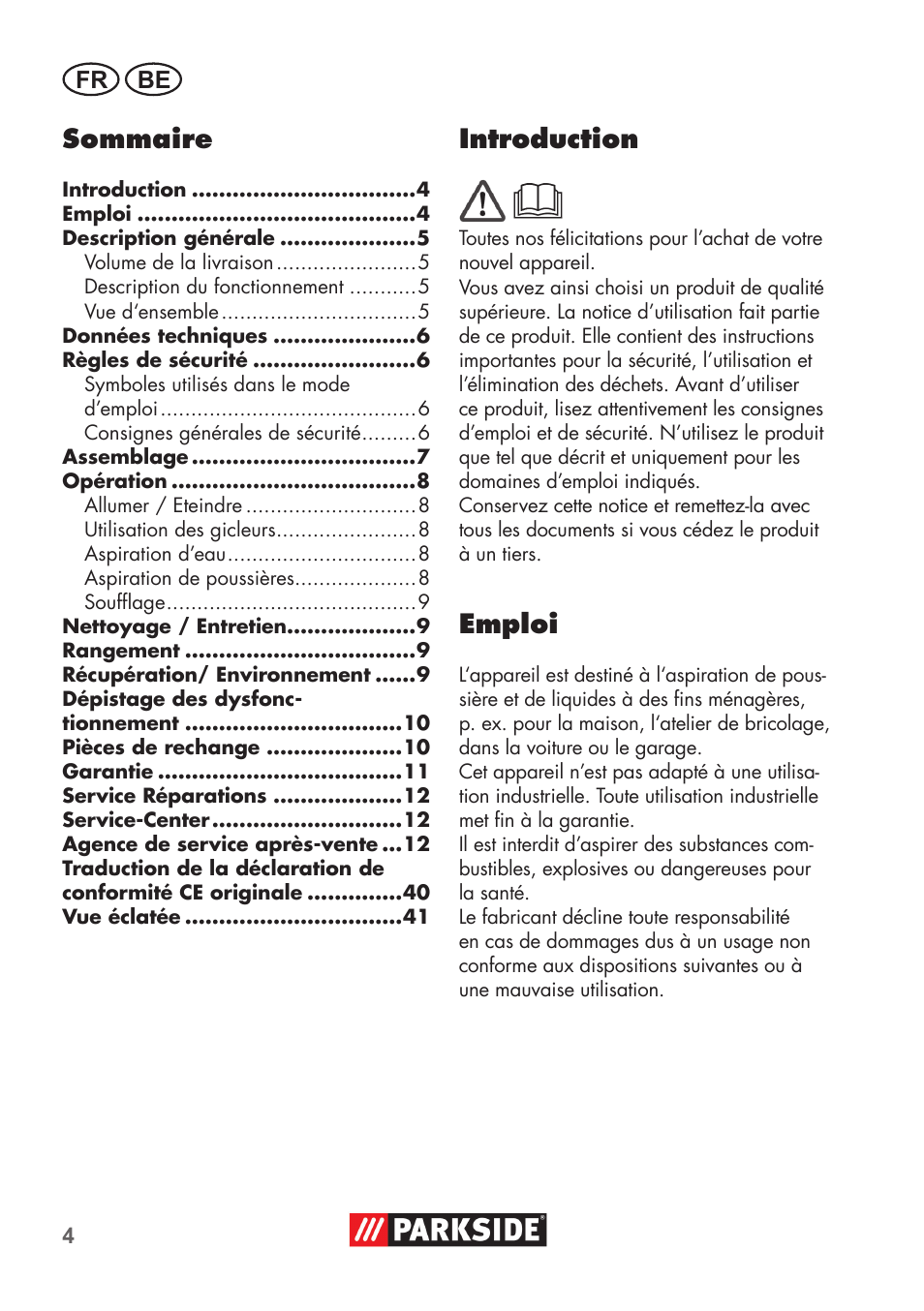 Sommaire, Introduction, Emploi | Fr be | Parkside PNTS 1300 B2 User Manual | Page 4 / 44