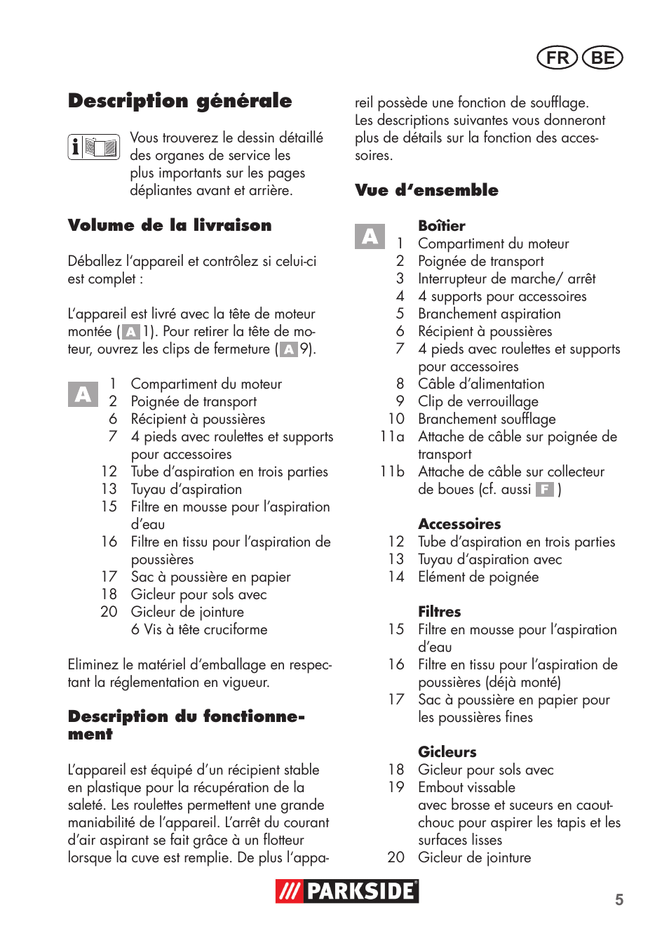 Description générale, Fr be | Parkside PNTS 1300 B2 User Manual | Page 5 / 44