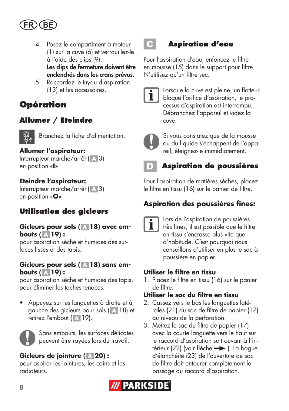 Opération, Fr be | Parkside PNTS 1300 B2 User Manual | Page 8 / 44