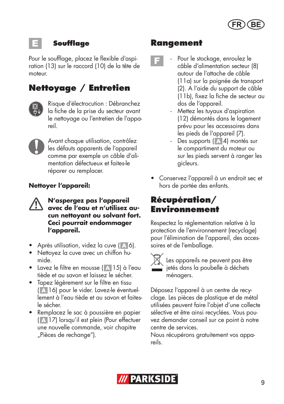 Nettoyage / entretien, Rangement, Récupération/ environnement | Fr be | Parkside PNTS 1300 B2 User Manual | Page 9 / 44