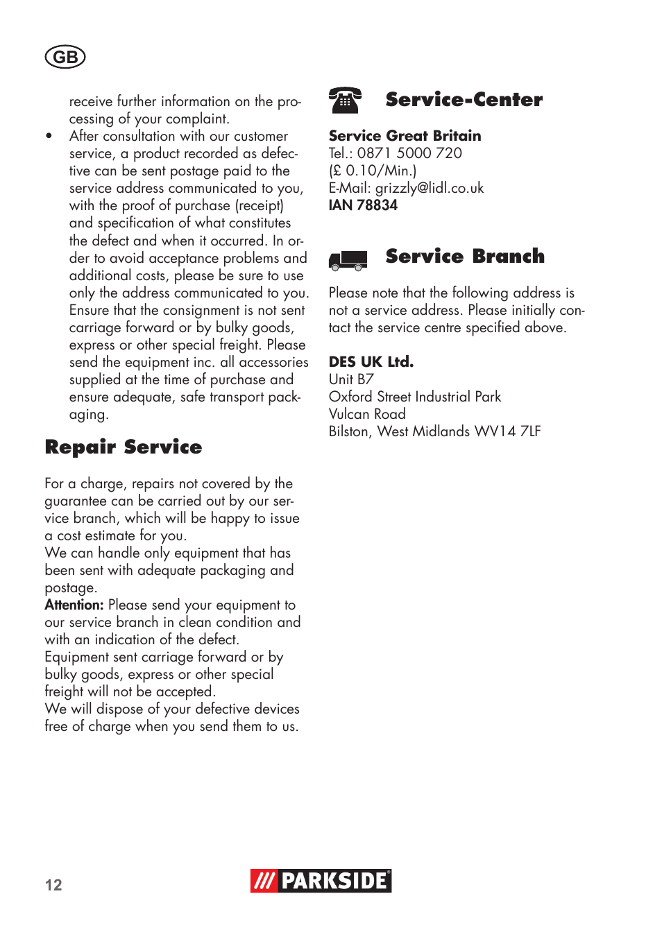 Repair service, Service-center, Service branch | Parkside PNTS 1300 B2 User Manual | Page 12 / 64