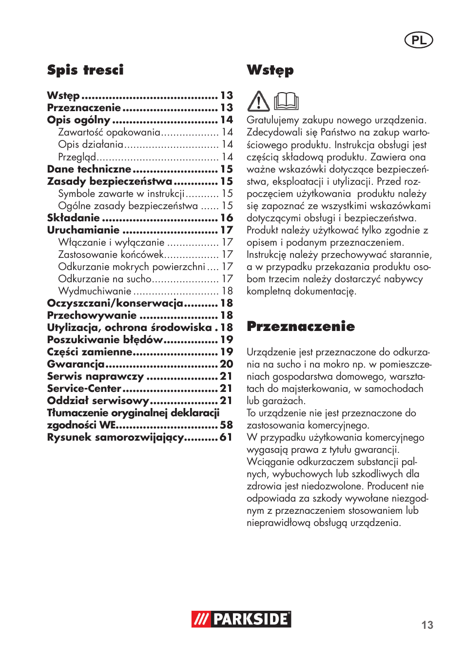 Spis tresci, Wstęp, Przeznaczenie | Parkside PNTS 1300 B2 User Manual | Page 13 / 64