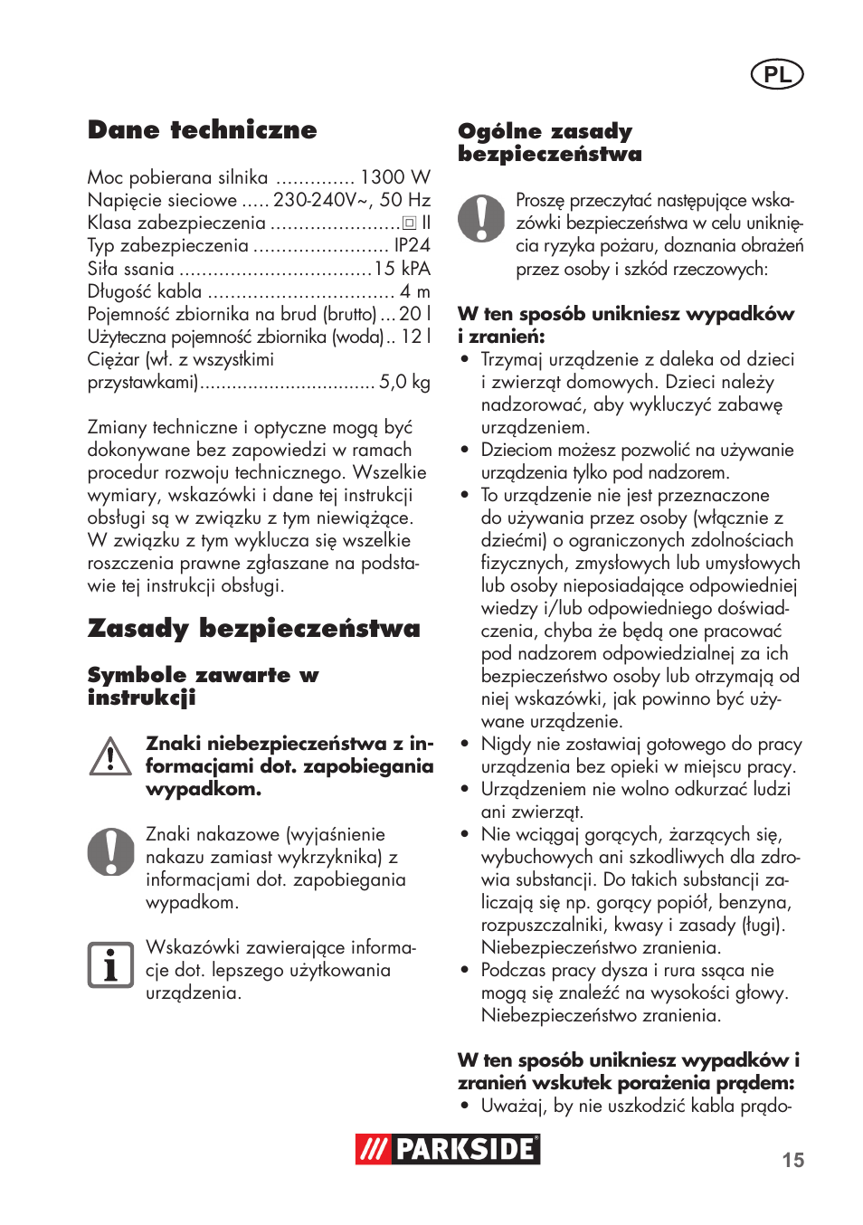 Dane techniczne, Zasady bezpieczeństwa | Parkside PNTS 1300 B2 User Manual | Page 15 / 64