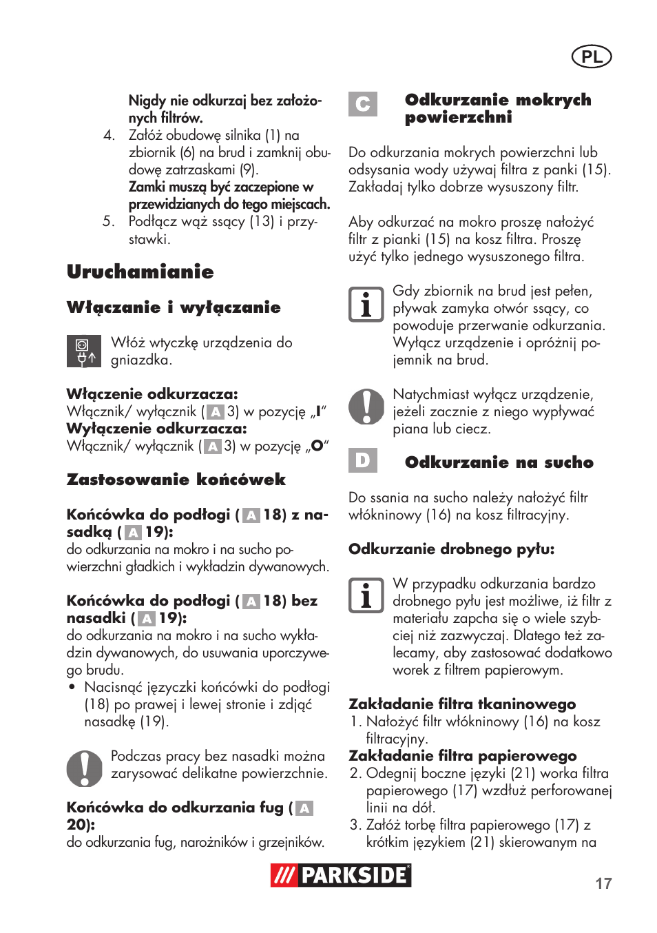 Uruchamianie | Parkside PNTS 1300 B2 User Manual | Page 17 / 64