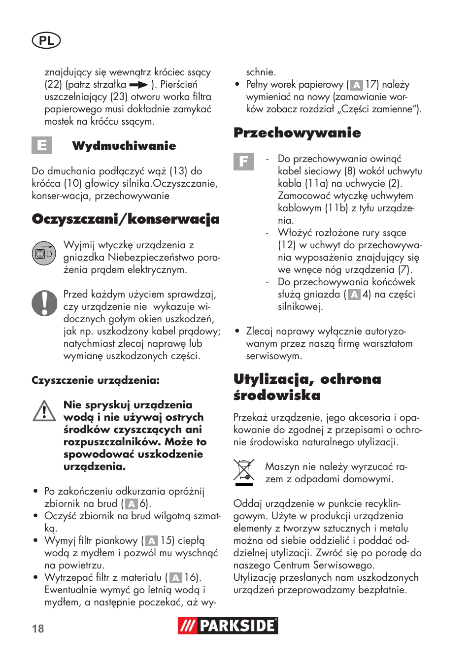 Oczyszczani/konserwacja, Przechowywanie, Utylizacja, ochrona środowiska | Parkside PNTS 1300 B2 User Manual | Page 18 / 64