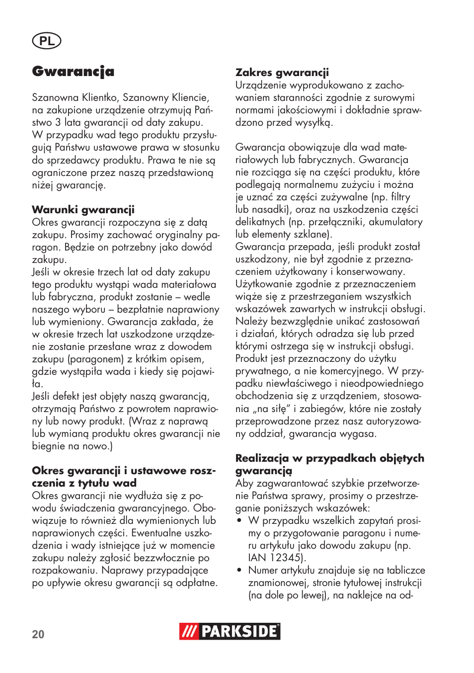 Gwarancja | Parkside PNTS 1300 B2 User Manual | Page 20 / 64