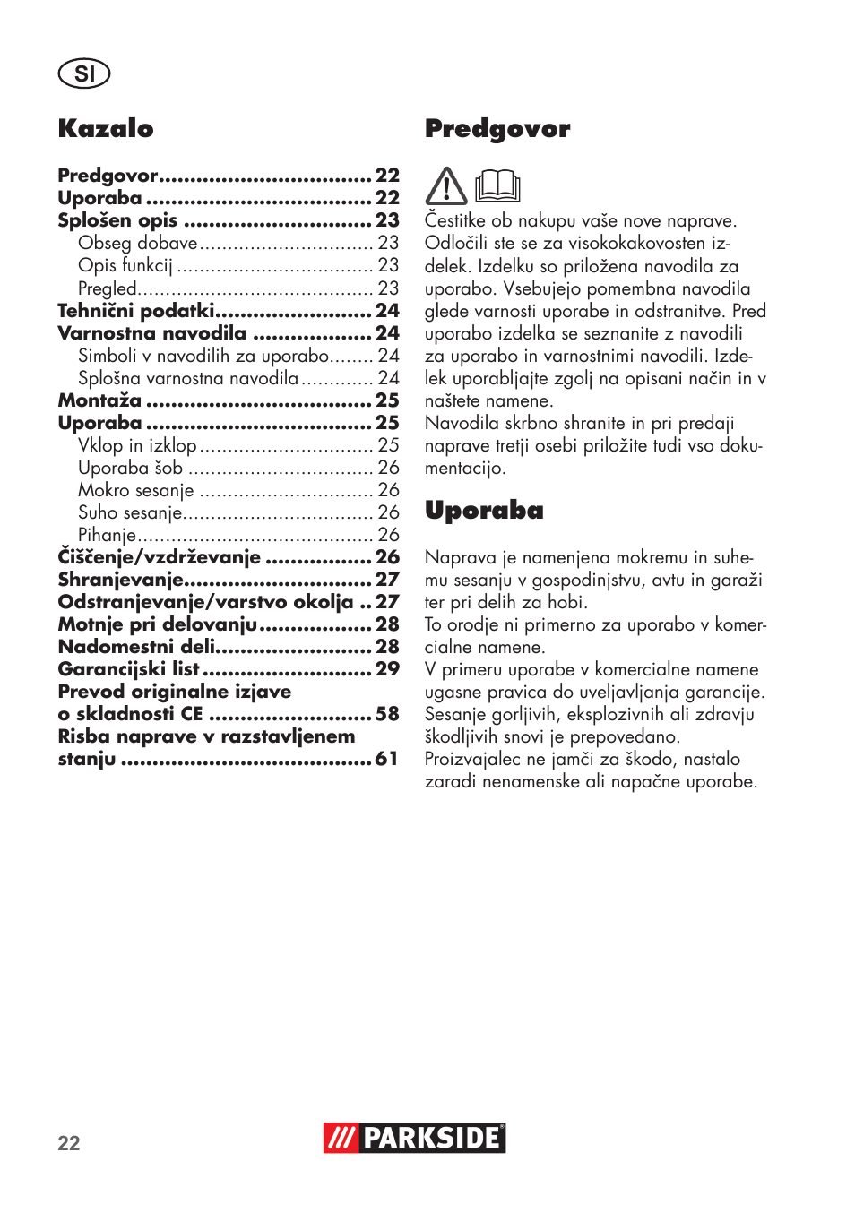 Kazalo, Predgovor, Uporaba | Parkside PNTS 1300 B2 User Manual | Page 22 / 64