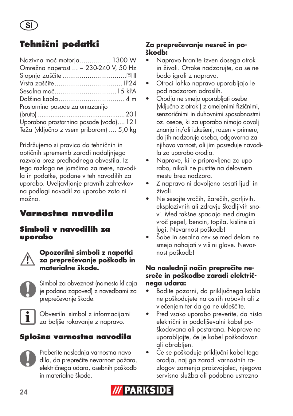 Tehnični podatki, Varnostna navodila | Parkside PNTS 1300 B2 User Manual | Page 24 / 64