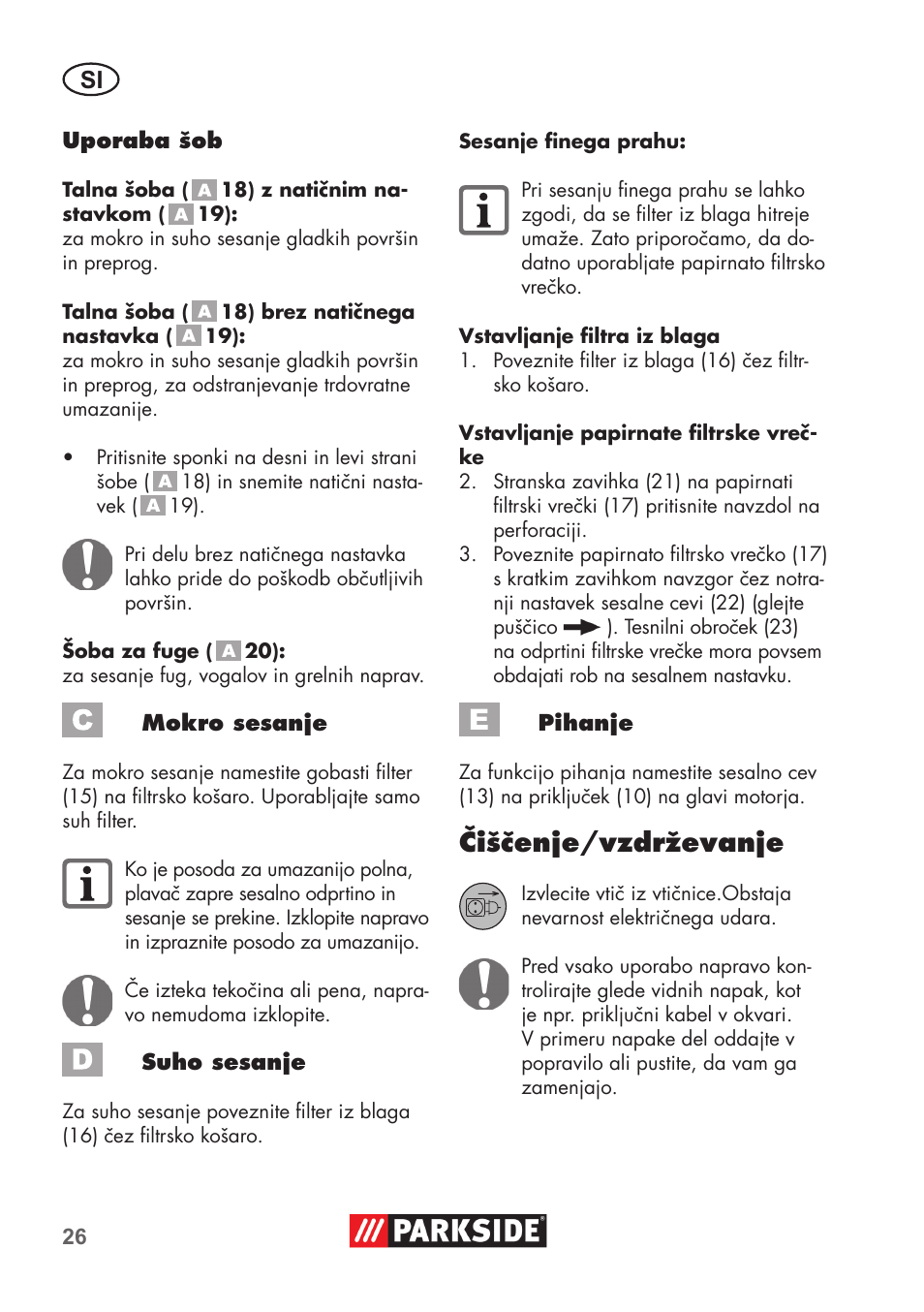 Čiščenje/vzdrževanje | Parkside PNTS 1300 B2 User Manual | Page 26 / 64