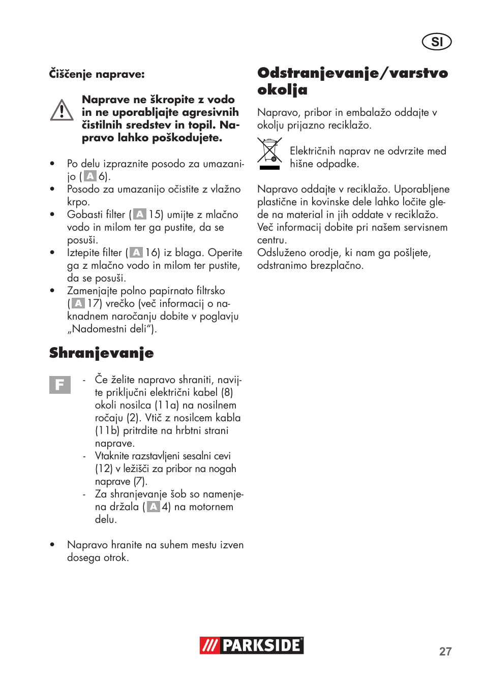 Shranjevanje, Odstranjevanje/varstvo okolja | Parkside PNTS 1300 B2 User Manual | Page 27 / 64