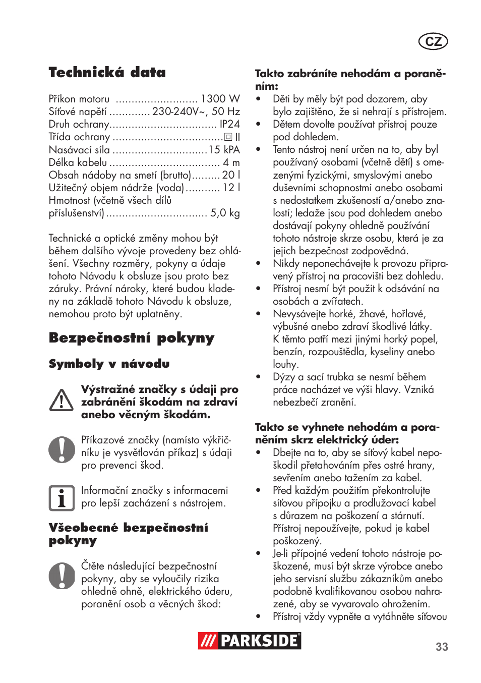 Technická data, Bezpečnostní pokyny | Parkside PNTS 1300 B2 User Manual | Page 33 / 64