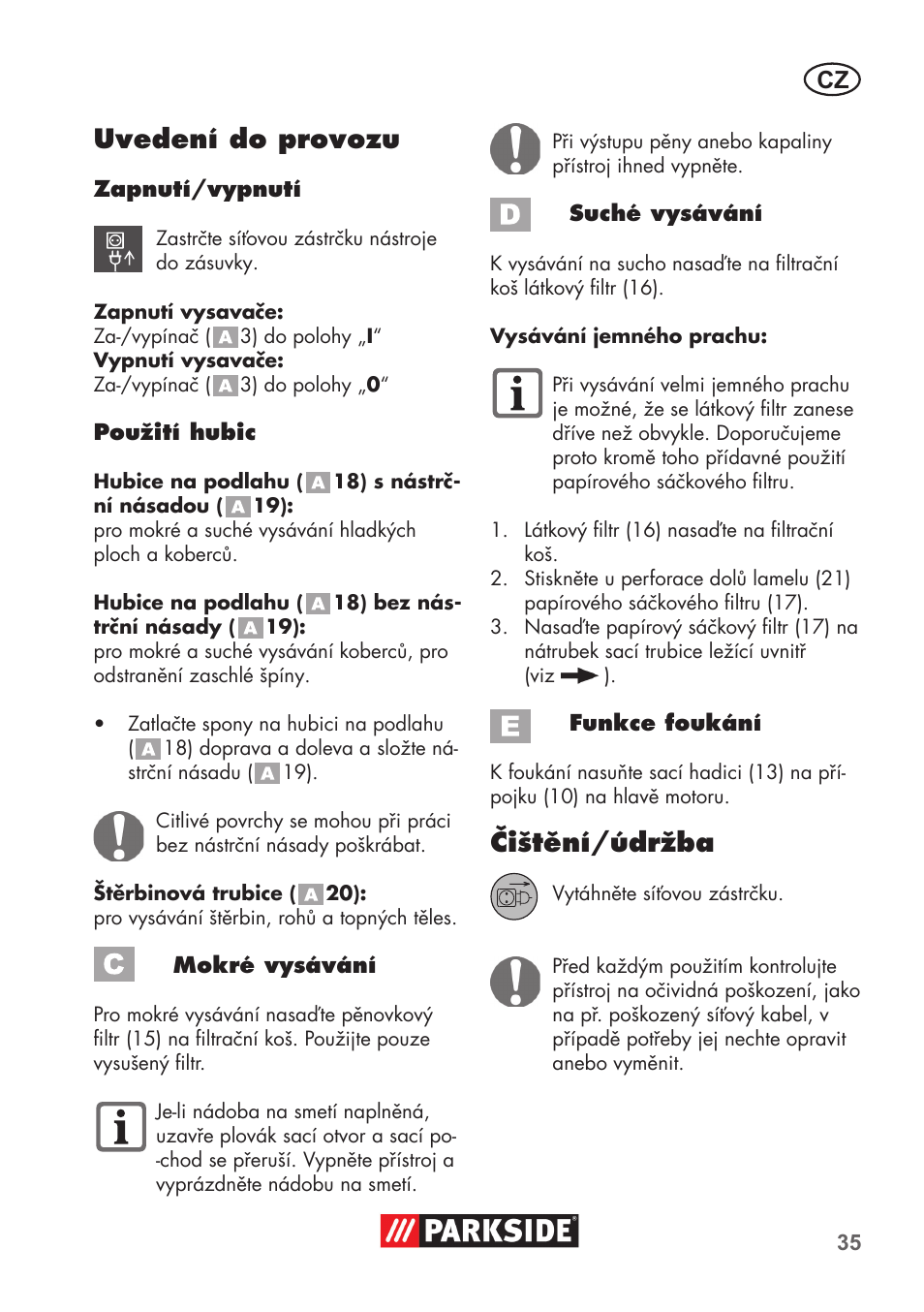 Uvedení do provozu, Čištění/údržba | Parkside PNTS 1300 B2 User Manual | Page 35 / 64