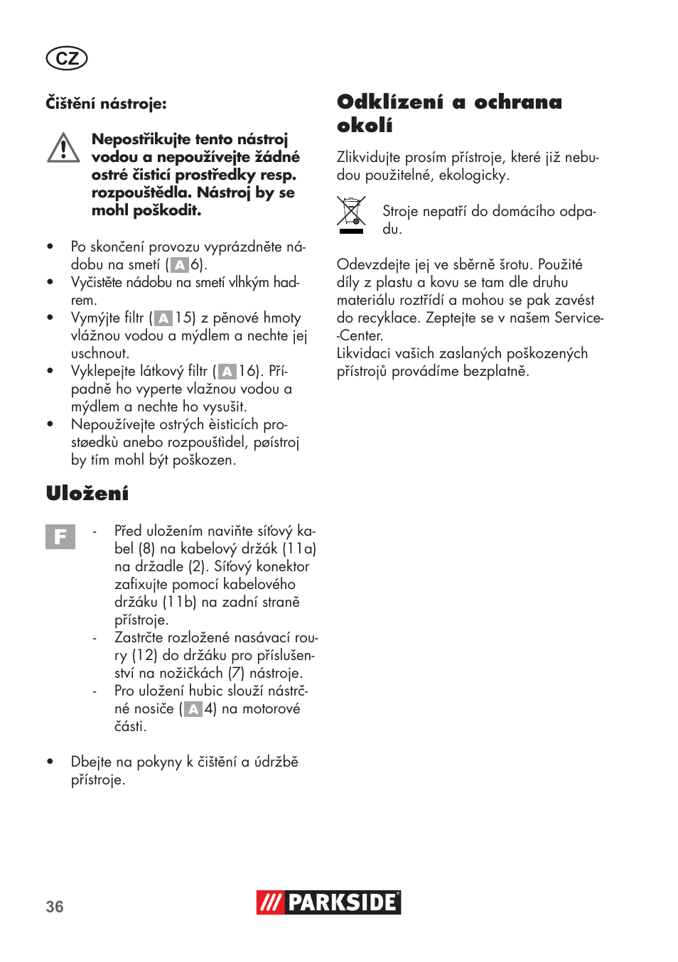 Uložení, Odklízení a ochrana okolí | Parkside PNTS 1300 B2 User Manual | Page 36 / 64