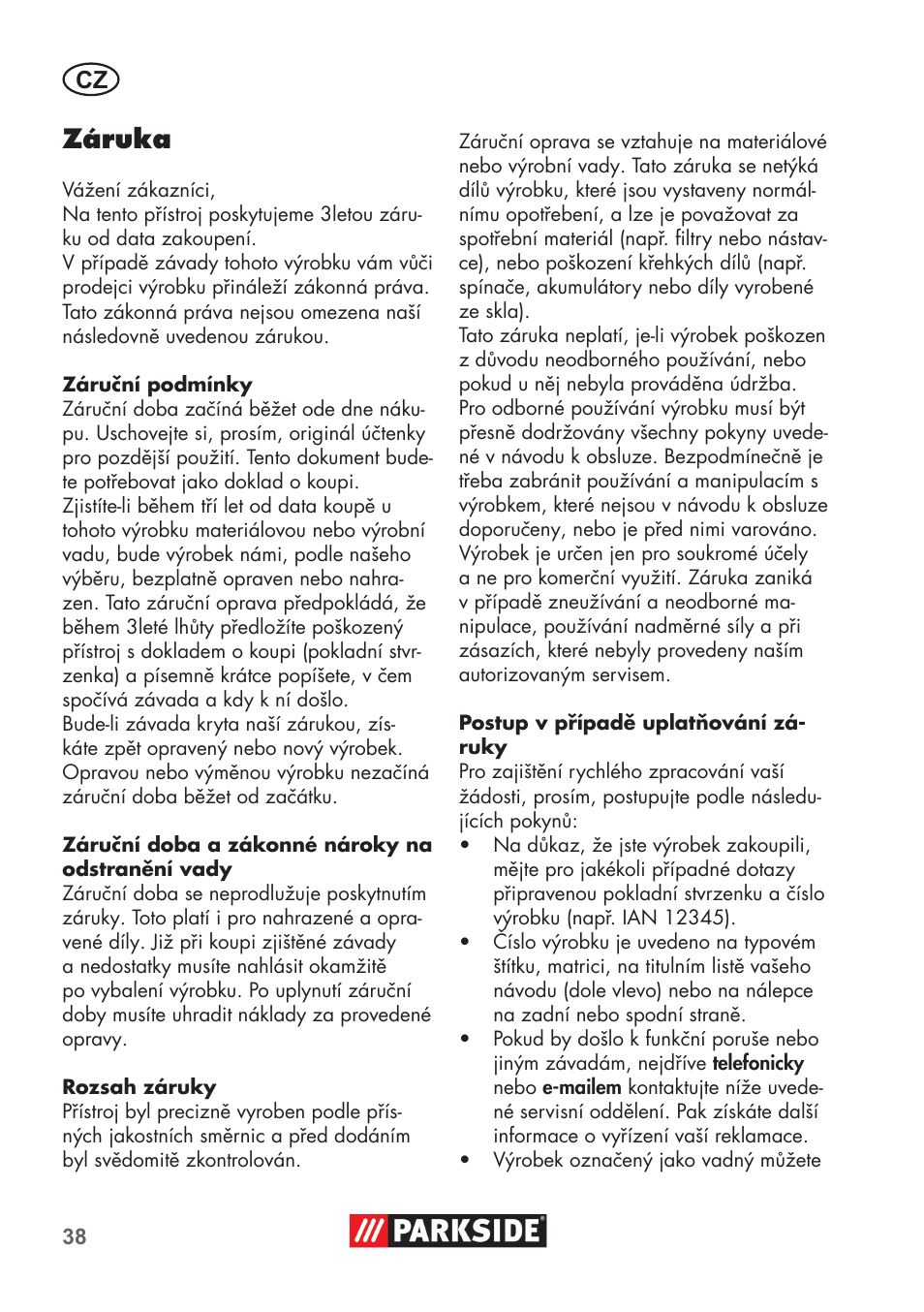 Záruka | Parkside PNTS 1300 B2 User Manual | Page 38 / 64