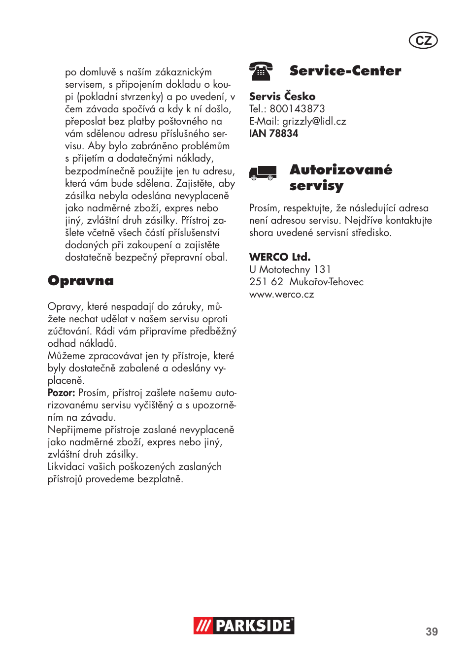 Opravna, Service-center, Autorizované servisy | Parkside PNTS 1300 B2 User Manual | Page 39 / 64