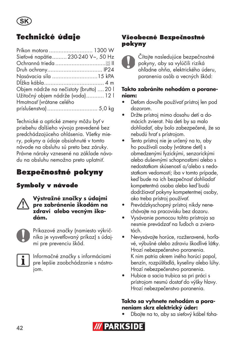 Technické údaje, Bezpečnostné pokyny | Parkside PNTS 1300 B2 User Manual | Page 42 / 64